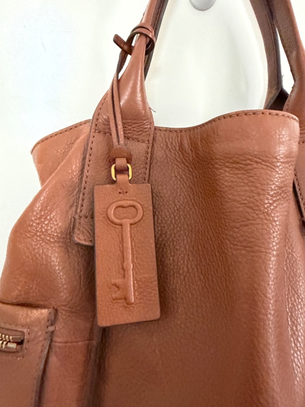 Fossil Emerson Medium Pebbled Leather Satchel Handbag Cognac/Brown - Picture 7 of 14